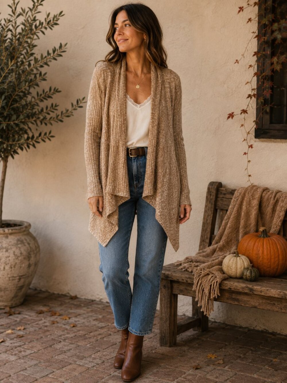 Autumn Cashmere Cashmere Merino Ribbed Drape Cardigan Camel Medium Luxury Knit